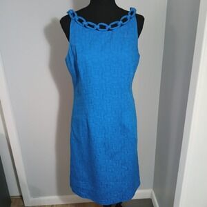 Chetta B Dress Sunhee Blue Sz 8 Sleeveless Open Chain Weave At Neck Knee Length